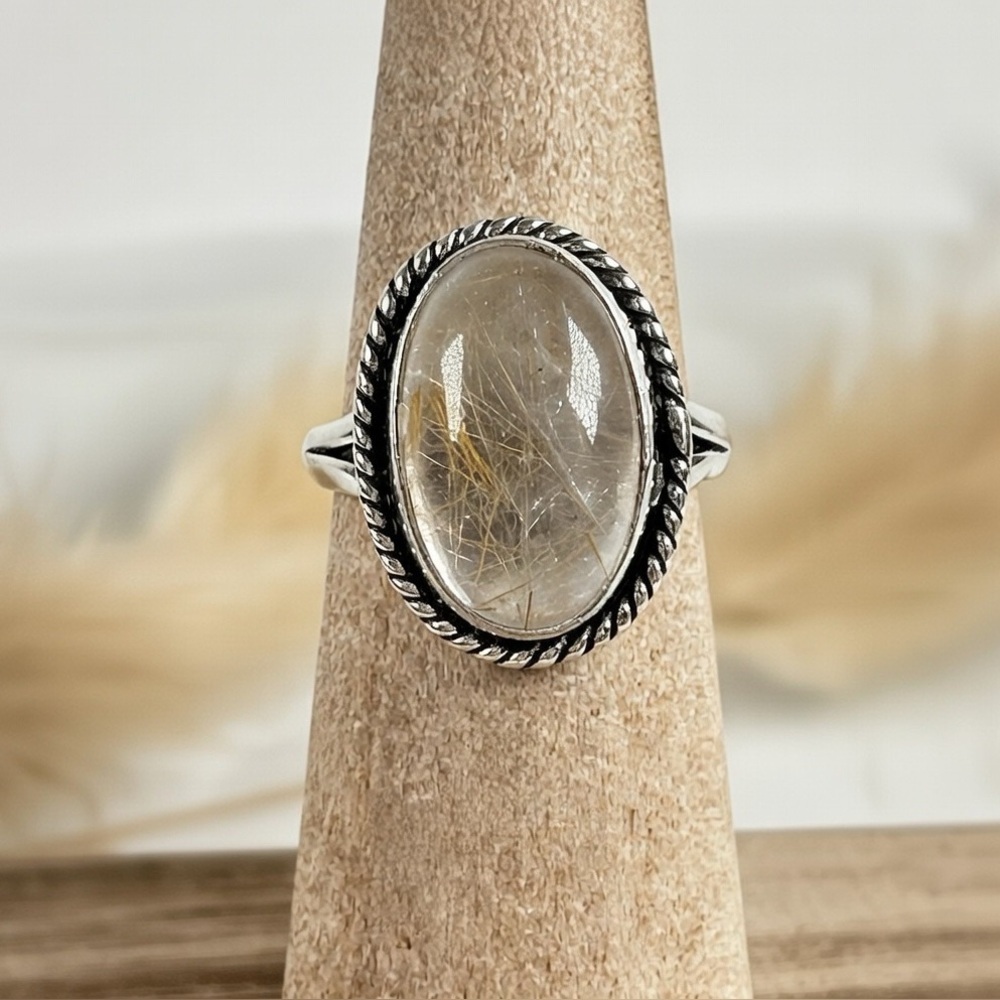 925 Sterling Silver Overlay Golden Rutilated Quartz Gemstone Ring Size 6.25-6.5